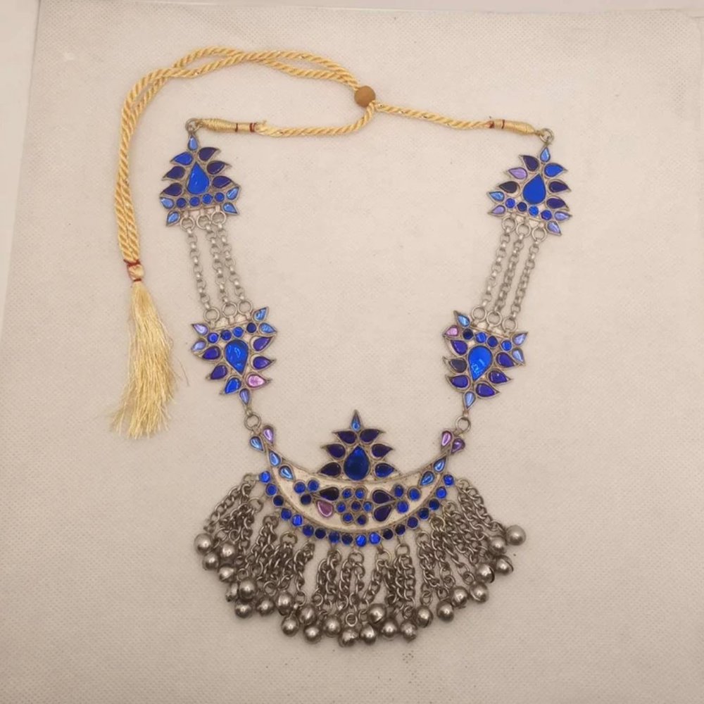 Blue Glass Stones Pendant Necklace, Handmade Necklace With Dangling Silver Bells